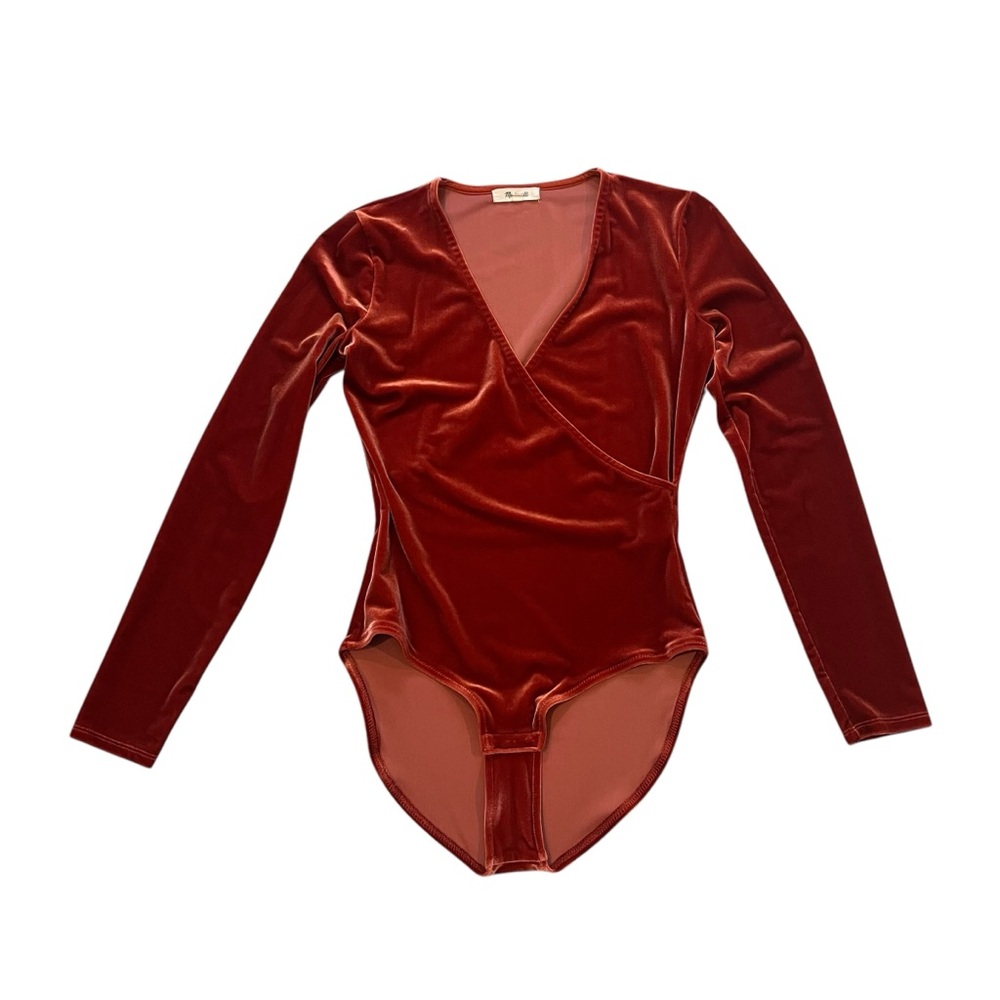 Madewell Rusty Orange Long Sleeve Velvet Wrap Bodysuit, Sz S - Picture 11 of 15